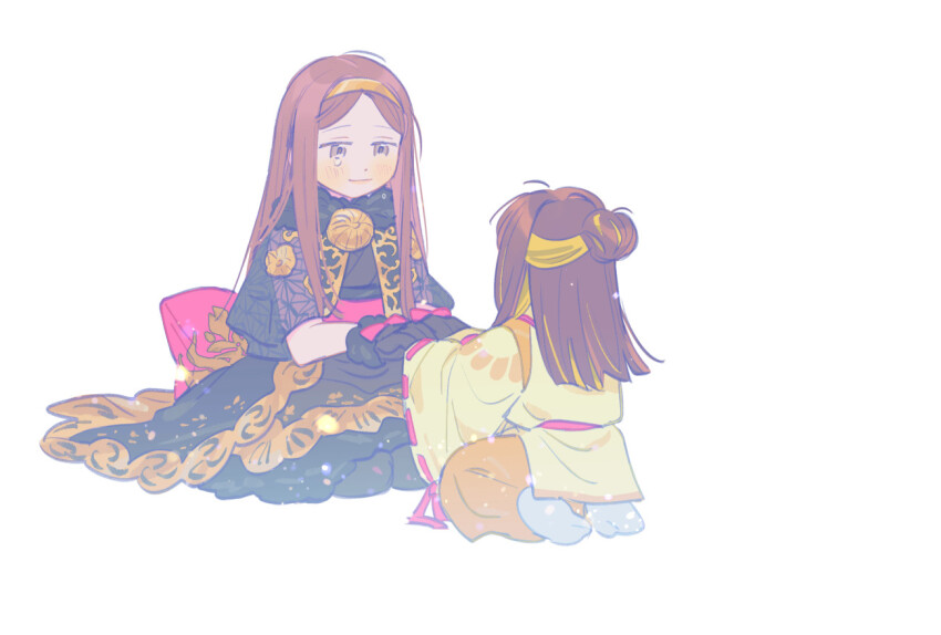 1boy 1girl black_gloves black_kimono black_pantyhose blonde_hair brown_hair chacha_(fate) crest crying crying_with_eyes_open facing_back family_crest fate/grand_order fate_(series) fur_trim gloves hairband half_up_bun japanese_clothes kariginu kimono mother_and_son multicolored_hair obi oda_uri oneroom-disco pantyhose parted_bangs pink_sash sash shusha_(fate) sitting smile spoilers streaked_hair tears tears_from_one_eye white_background yellow_hairband yellow_kimono