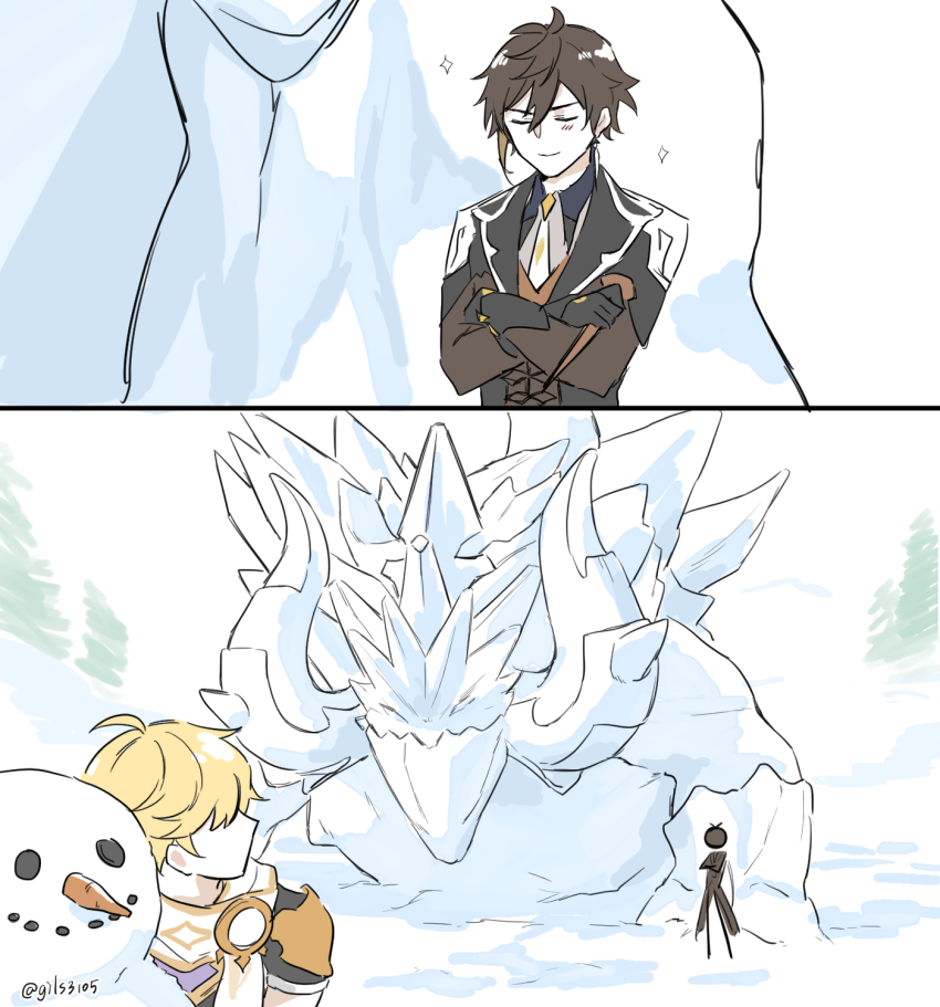 2boys aether_(genshin_impact) azhdaha_(genshin_impact) carrot genshin_impact gils3105 image_sample multiple_boys pixiv pixiv_sample smile smug smug snow snowman white_background zhongli_(genshin_impact)