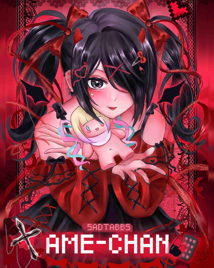 1girl 1other absurdres ame-chan_(needy_girl_overdose) bandaid bandaid_on_face bandaid_on_forehead black_eyes black_hair black_wings blonde_hair blue_hair blush bow character_doll character_tadpole_92 cherry_hair_ornament chouzetsusaikawa_tenshi-chan colored_tips demon_horns doll drawn_wings dress dual_persona english_text food-themed_hair_ornament frilled_dress frills hair_bow hair_ornament hair_ribbon heart heart_hair_ornament highres holding holding_doll horns looking_at_viewer meditation movie_poster multicolored_hair multiple_hair_bows needy_girl_overdose nude off-shoulder_dress off_shoulder pill pink_hair presenting quad_tails red_hair ribbon sailor_collar short_twintails spaghetti_strap twintails white_sailor_collar wings x_hair_ornament