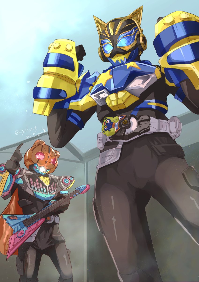 1boy 1girl abs absurdres animal_ears armor axe battlefield bear beat_axe beat_buckle belt black_bodysuit blue_armor blue_eyes bodysuit boxing_gloves brass_knuckles cape cat_ears clenched_hand cosplay costume_switch cycloneactionx desire_driver rider_belt earpiece glowing glowing_eyes guitar highres holding holding_instrument instrument jack-o&#039;-lantern kamen_rider kamen_rider_geats_(series) kamen_rider_na-go kamen_rider_punkjack keytar large_hands looking_at_viewer manly microphone monster_buckle muscular muscular_male music orange_cape parody_request pink_eyes playing_instrument pumpkin raise_buckle shadow solo sparkle tokusatsu twitter_username weapon
