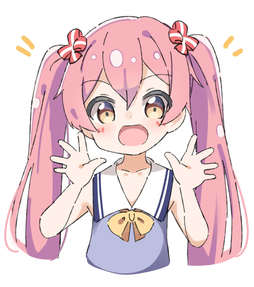 1girl :d bare_arms blue_dress blush bow brown_eyes collarbone commentary_request cropped_torso dress emanuella_porlallora hair_between_eyes hands_up hentai_ouji_to_warawanai_neko. highres kapuru_0410 long_hair looking_at_viewer notice_lines open_mouth pink_hair sailor_collar sailor_dress simple_background sleeveless sleeveless_dress smile solo twintails upper_body very_long_hair white_background white_sailor_collar yellow_bow