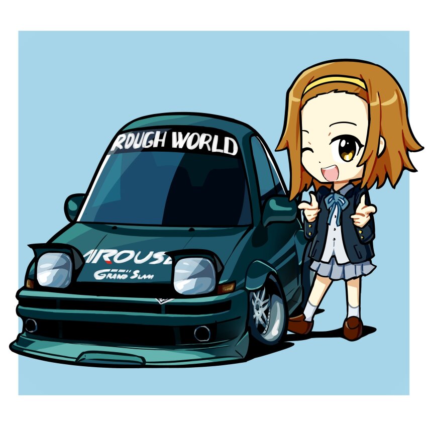 1girl absurdres blue_background blue_jacket blue_ribbon blue_shirt blue_skirt blue_socks border brown_eyes brown_footwear collared_shirt commentary deformed double_finger_gun duz english_commentary finger_gun hair_behind_ear hairband headband highres jacket k-on! looking_at_viewer neck_ribbon one_eye_closed outside_border ribbon rwb sakuragaoka_high_school_uniform shadow shirt shoes skirt smile socks standing tainaka_ritsu toyota toyota_sprinter_trueno vehicle_focus white_border white_socks yellow_hairband