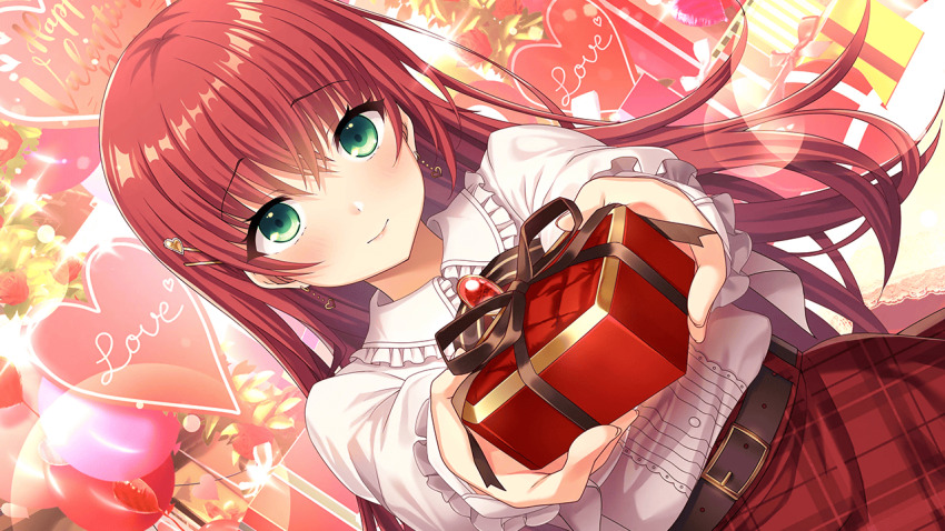 1girl akai_asaka belt belt_buckle black_belt blush box brooch buckle chocolate closed_mouth deep_one_kyomu_to_mugen_no_fragment earrings frilled_shirt frills gift gift_bag gift_box giving green_eyes hair_ornament hairclip happy_valentine heart heart_earrings holding holding_box holding_gift incoming_gift jewelry long_hair long_sleeves looking_at_viewer natsuhiko non-web_source plaid_clothes plaid_skirt red_hair red_skirt shirt skirt smile solo valentine very_long_hair white_shirt