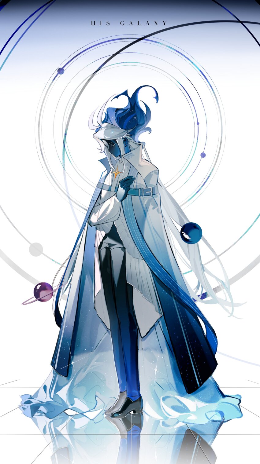 1boy absurdres black_pants black_shoes blue_cape blue_hair blue_skin cape closed_eyes colored_eyelashes colored_skin cookie_run cookie_run:_kingdom dark_skin floating_hair floor gradient_clothes highres long_sleeves male_focus medium_hair multicolored_hair pants planet puffy_sleeves senlly_2507 shirt shoes simple_background solo stardust_cookie tile_floor tiles wavy_hair white_background white_cape white_eyelashes white_hair white_shirt