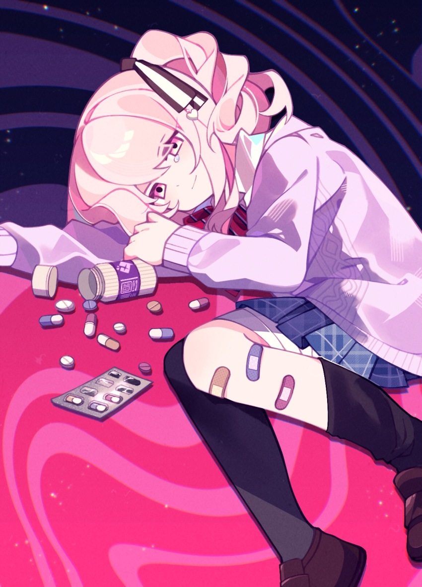 1other abstract_background akiyama_mizuki aran_sweater asymmetrical_legwear bandage_on_leg bandaged_leg bandages black_bow black_thighhighs blue_skirt bottle bottle_cap bow bowtie brown_shoes cable_knit chromatic_aberration closed_mouth collared_shirt commentary diagonal-striped_bow diagonal-striped_bowtie diagonal-striped_clothes drill_hair drill_ponytail english_commentary feet_out_of_frame hair_between_eyes hair_bow hair_ornament hand_on_own_arm heart heart_hair_ornament highres kamiyama_high_school_uniform_(project_sekai) knees_together_feet_apart laylayhappy light_particles loafers long_hair long_sleeves looking_at_viewer lying miniskirt on_side other_focus pill pink_background pink_eyes pink_hair plaid_clothes plaid_skirt pleated_skirt project_sekai puffy_long_sleeves puffy_sleeves purple_background purple_sweater red_bow red_bowtie school_uniform shirt shoes side_ponytail sidelocks simple_background skirt smile solo striped_clothes sweater swept_bangs tearing_up thighhighs two-tone_background uneven_legwear white_shirt