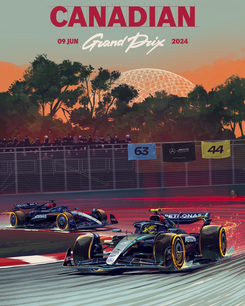 2boys absurdres andrew_mytro canada car circuit_gilles_villeneuve commentary crowd english_commentary flag formula_one formula_racer george_russell gloves highres lewis_hamilton light_trail logo motion_blur motor_vehicle multiple_boys official_art petronas race_vehicle racecar racetrack real_life real_world_location spoiler_(automobile) sponsor vehicle_focus yellow_gloves