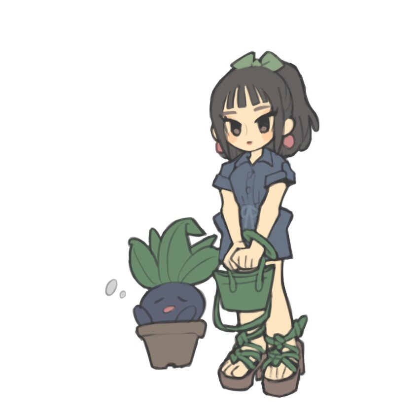 bag black_hair blue_dress bracelet brown_eyes brown_sandals commentary_request dress earrings flower_pot game_freak gen_1_pokemon handbag highres holding holding_bag jewelry kinni nintendo oddish original platform_sandals pokemon pokemon_(creature) ponytail sandals short_dress sleeping