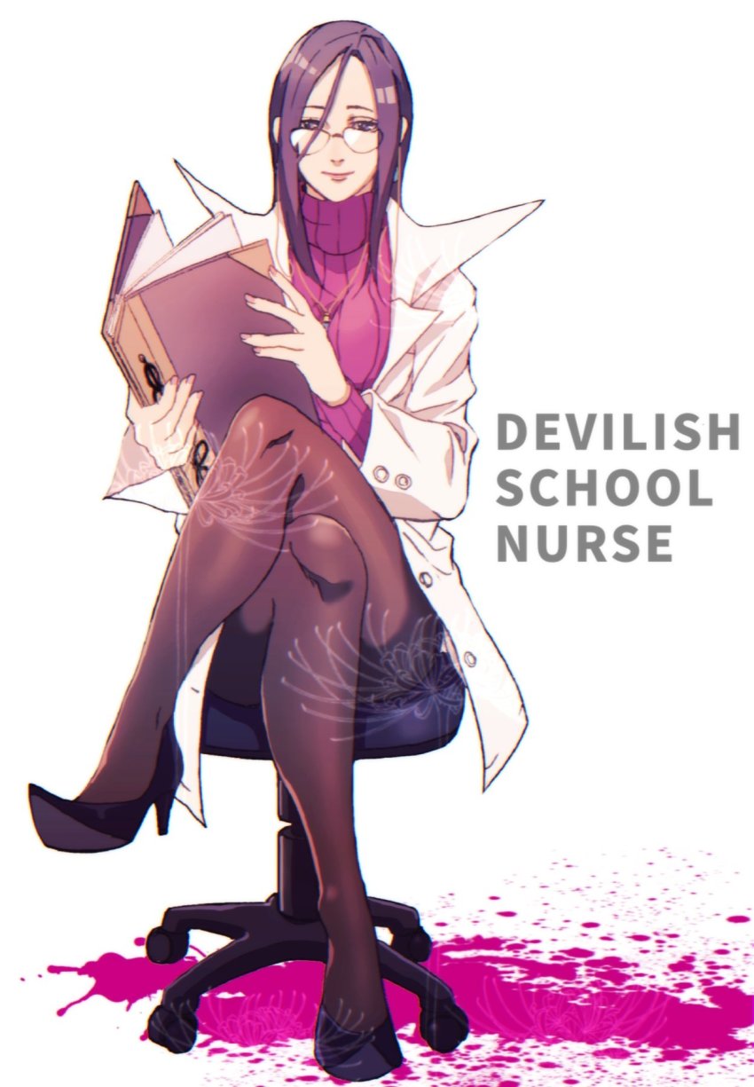 1girl blue_hair brown_pantyhose burning_isaka chair commentary_request dandelion_seed earrings english_text glasses high_heels highres jewelry justice_gakuen lab_coat long_hair long_sleeves minazuki_kyouko necklace notebook office_chair on_chair pantyhose smile solo sweater swivel_chair turtleneck turtleneck_sweater