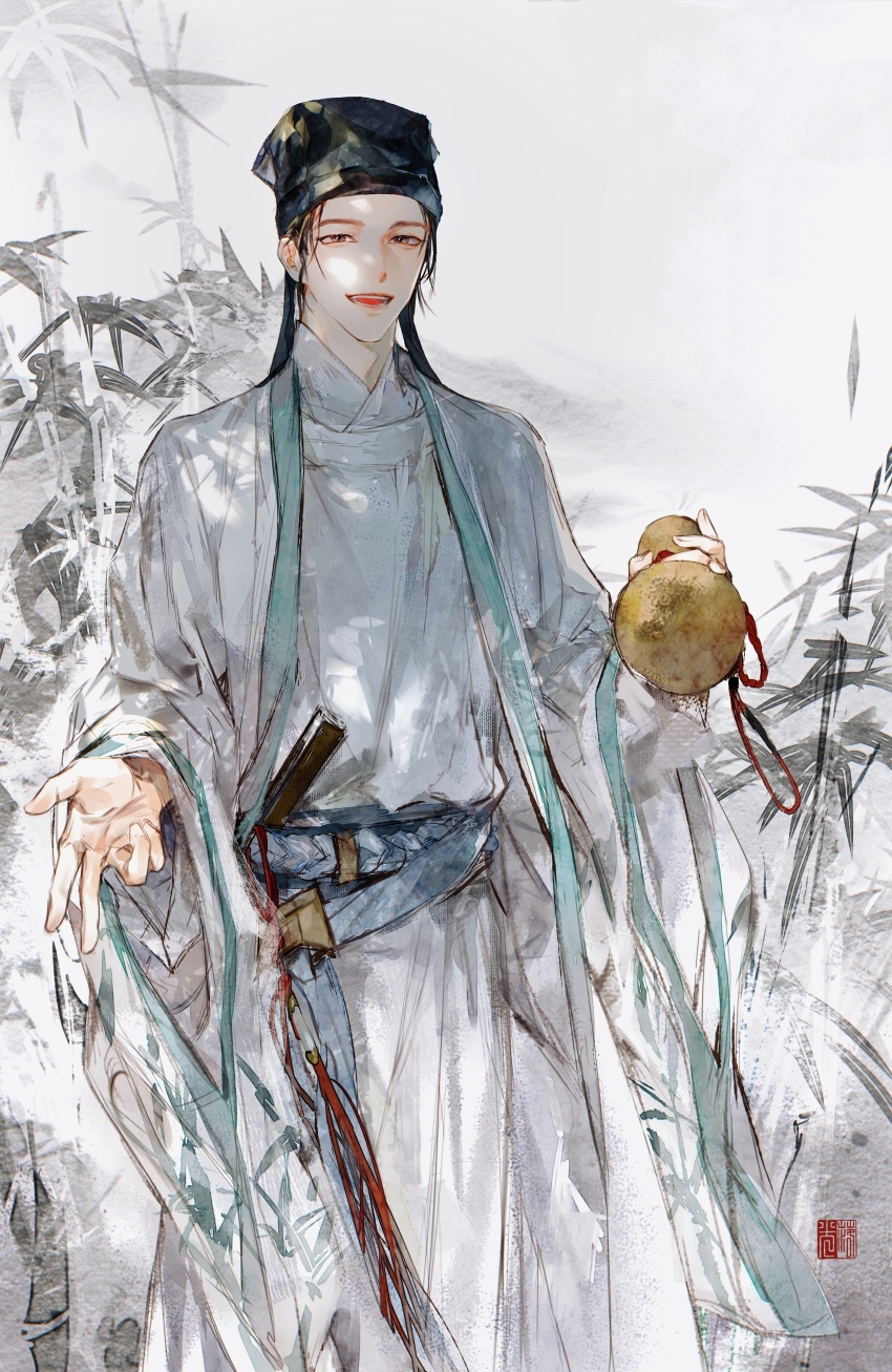 1815983628 1boy absurdres bamboo black_hair black_hat blue_sash brown_eyes chinese_clothes chinese_commentary closed_mouth coat dao_gui_yi_xian faux_traditional_media folding_fan gourd hand_fan hanfu hat hat_ribbon highres holding holding_gourd ink_wash_painting jin_(headwear) long_hair long_sleeves looking_at_viewer male_focus nature open_clothes open_coat open_mouth outdoors outstretched_hand ribbon robe sash seal_impression smile solo standing tassel updo white_coat white_hanfu wide_sleeves yaopei zhouzi_jin_(headwear) zhuge_yuan