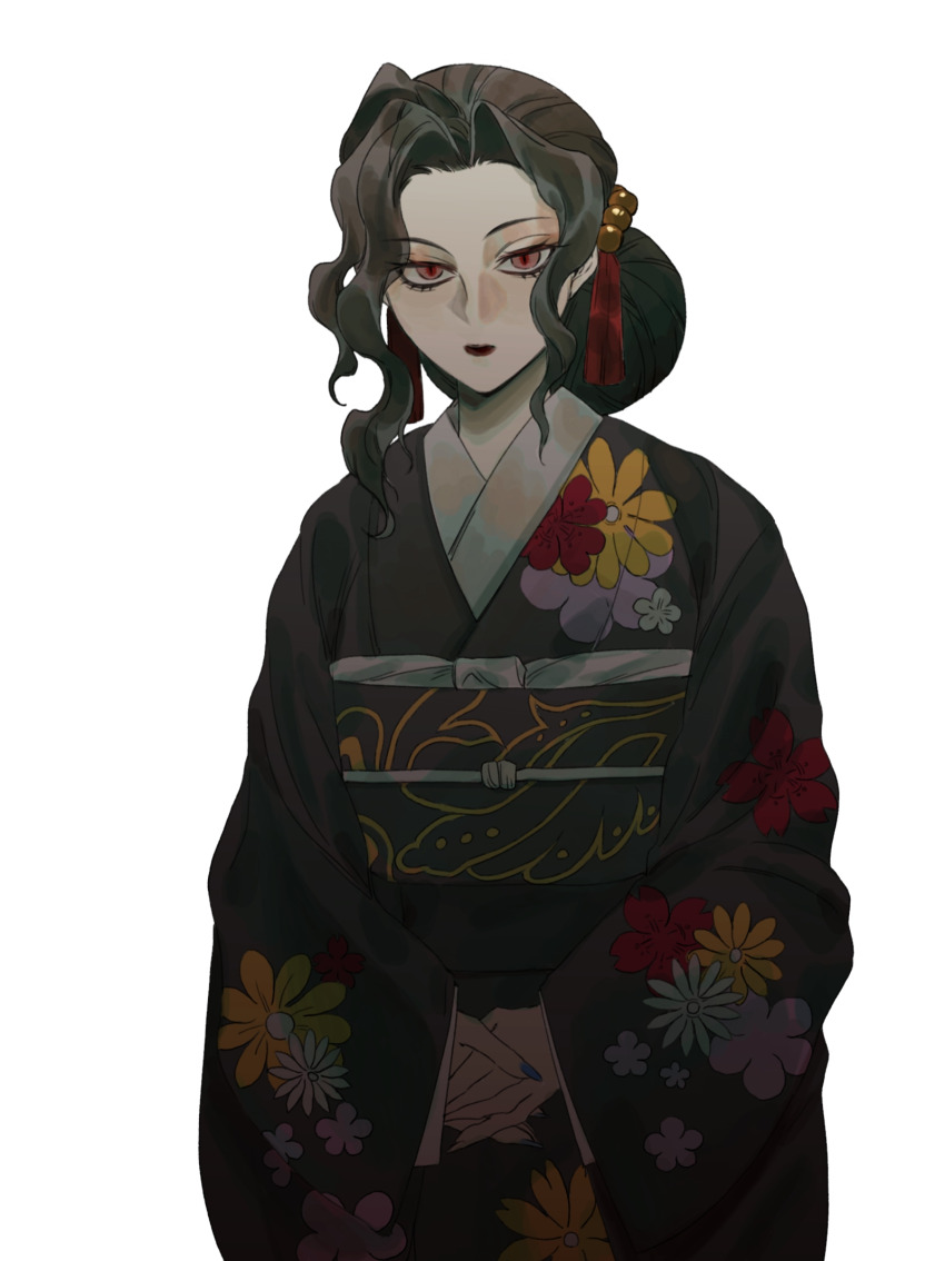 1girl black_hair black_kimono expressionless floral_print highres japanese_clothes kibutsuji_muzan kibutsuji_muzan_(female) kimetsu_no_yaiba kimono looking_at_viewer naibupiduantui red_eyes red_lips slit_pupils solo