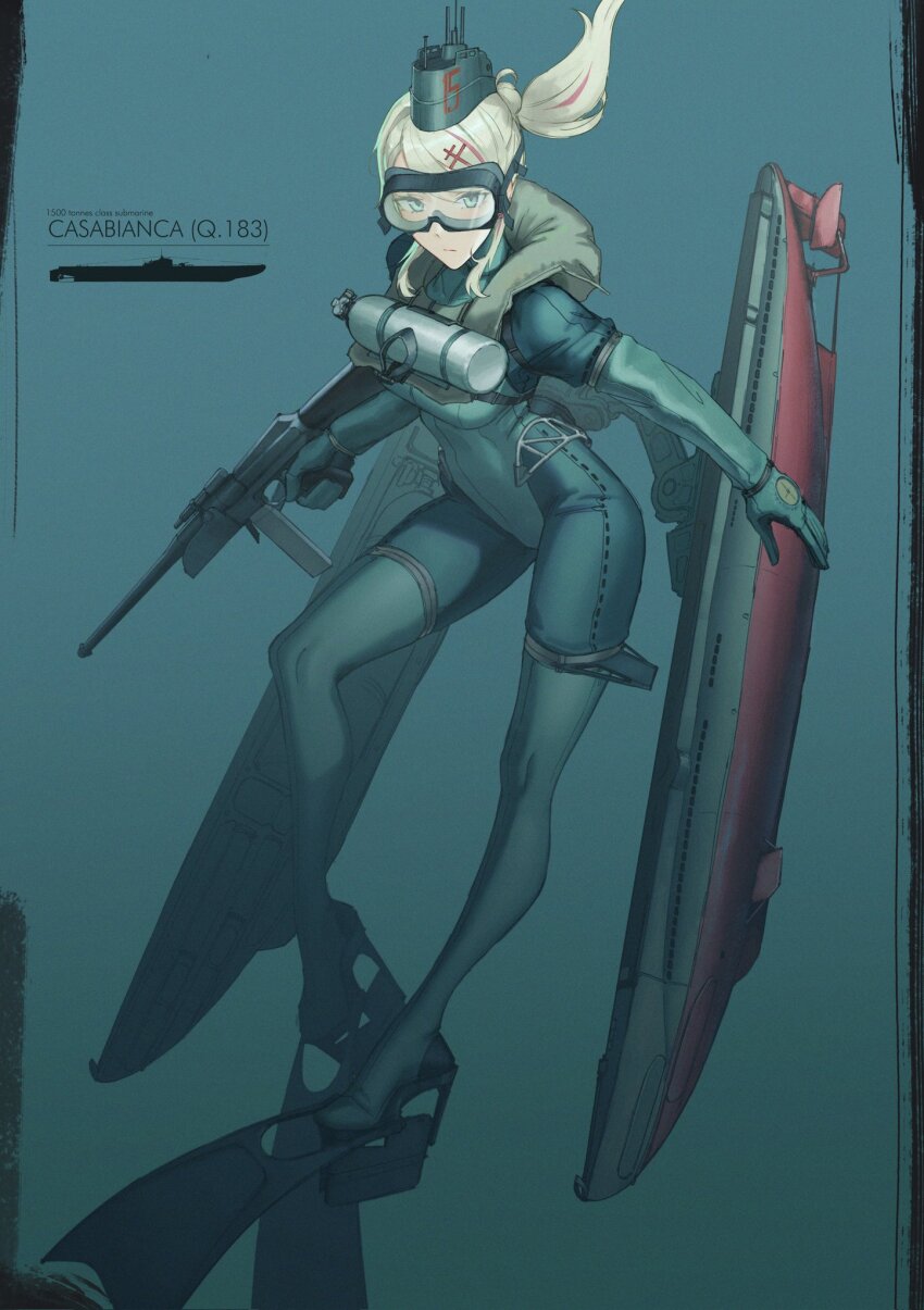 1girl blonde_hair blue_eyes commentary dangodes diving_mask diving_suit english_commentary flippers goggles gun hair_ornament hairclip highres long_hair multicolored_hair original oxygen_tank personification ponytail simple_background solo streaked_hair submarine underwater watercraft weapon