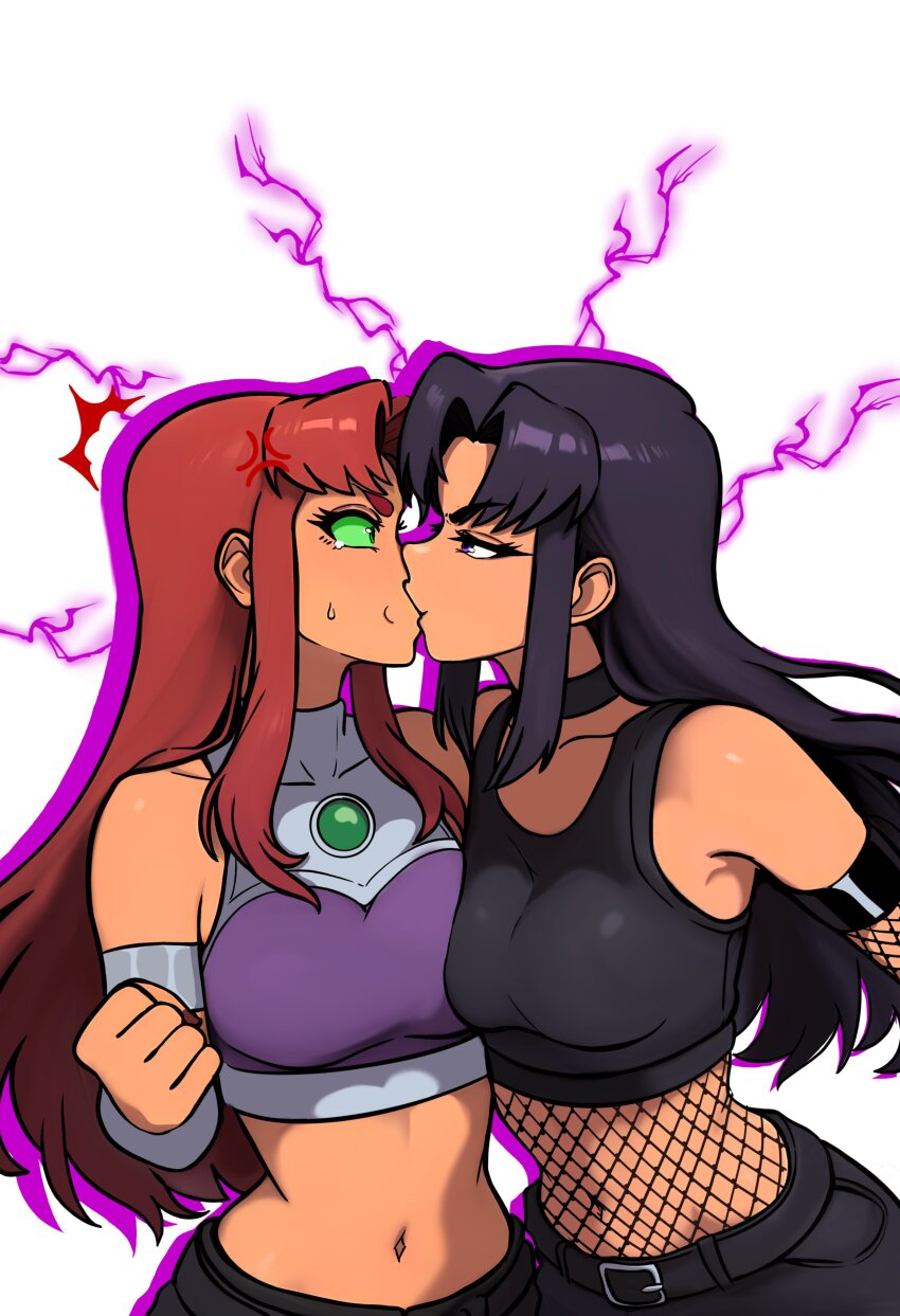 2girls absurdres black_choker black_hair blackfire breasts choker clenched_hand collarbone colored_sclera cowboy_shot dc_comics fishnet_top fishnets green_eyes green_sclera highres incest kiss long_hair medium_breasts midriff multiple_girls navel parted_bangs profile purple_eyes purple_tank_top red_hair redpostit siblings simple_background sisters starfire sweatdrop tank_top teen_titans white_background yuri