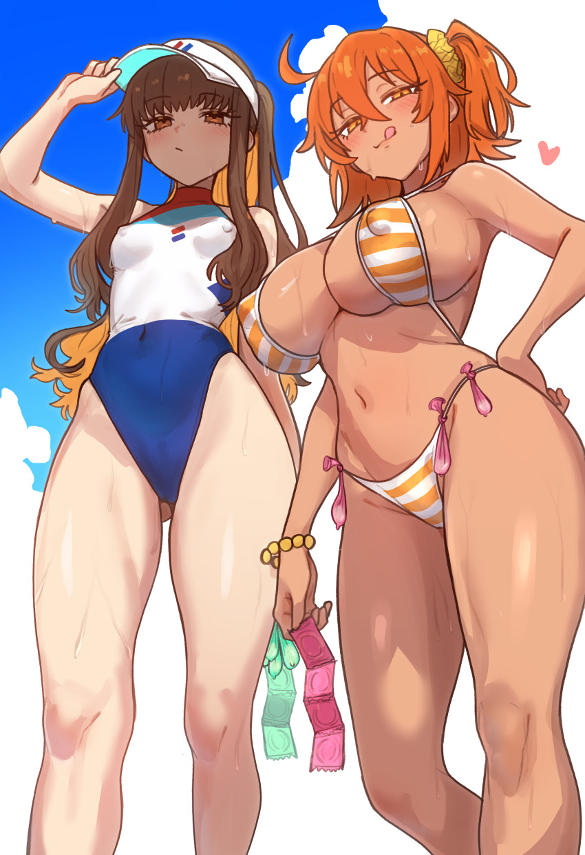2girls absurdres alternate_breast_size_(larger) bad_link beach bikini blue_sky breasts brown_eyes brown_hair celeb_summer_experience! cloud condom condom_belt condom_packet_strip condom_wrapper covered_erect_nipples ebora fate/extra fate/grand_order fate_(series) from_below fujimaru_ritsuka_(female) fujimaru_ritsuka_(female)_(brilliant_summer) hair_ornament hair_scrunchie hand_on_headwear highleg highleg_one-piece_swimsuit highres holding holding_condom kishinami_hakuno_(female) large_breasts licking_lips long_hair multicolored_swimsuit multiple_girls navel official_alternate_costume one-piece_swimsuit one_side_up orange_bikini orange_hair outdoors ponytail scrunchie sideboob sky small_breasts stomach striped_bikini striped_clothes swimsuit tan thighs tongue tongue_out used_condom variant_set visor_cap white_one-piece_swimsuit