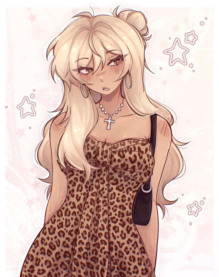 1girl aegyo_sal animal_print bag black_bag blonde_hair breasts class_of_09 commentary cross cross_necklace dress english_commentary fashion gyaru hair_bun handbag highres jecka_(class_of_09) jewelry large_breasts leopard_print long_hair necklace onee_gyaru print_dress single_hair_bun solo star_(symbol) tan thelemondrink upper_body y2k_fashion yellow_eyes