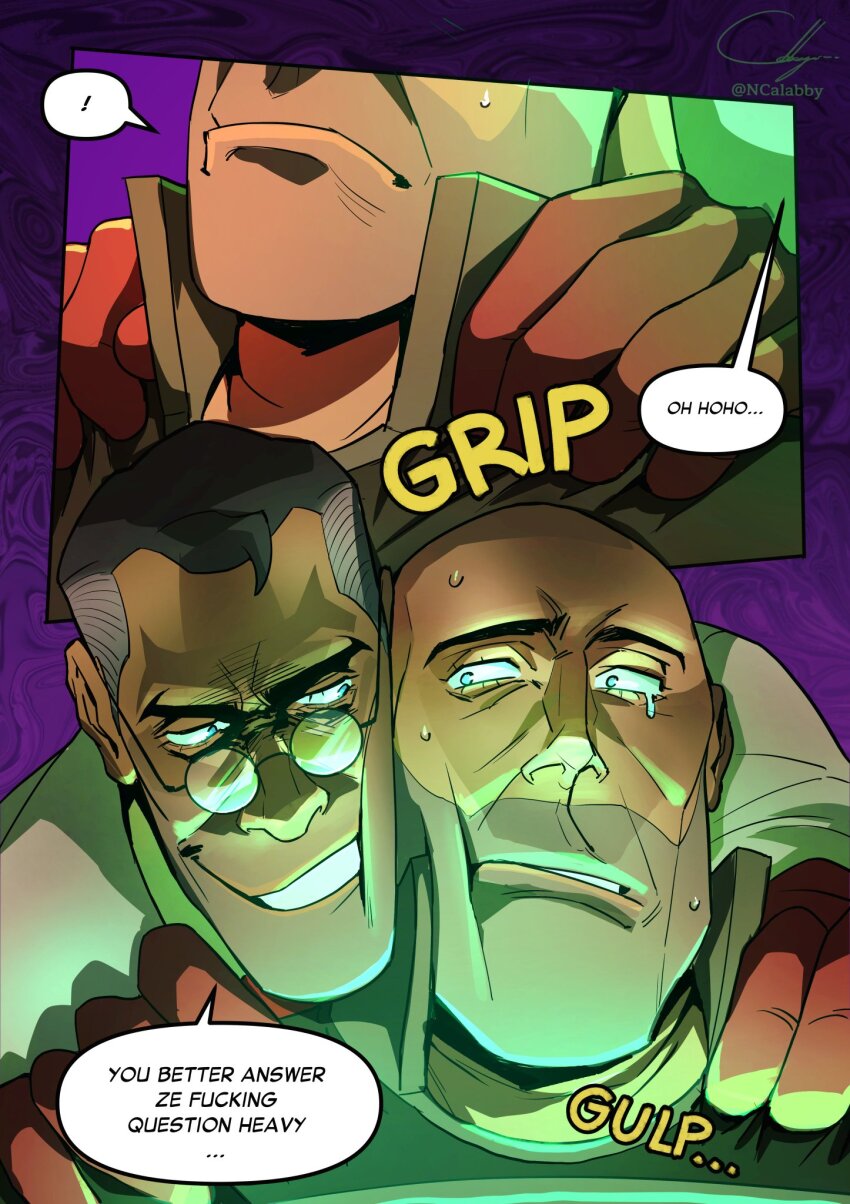 ! 3boys ammunition_belt bald bald_male bandolier bara beard_stubble belt black_hair black_vest blue_eyes cabbage_(ncalabby) cheek-to-cheek closed_mouth coat collared_vest comic commentary english_text evil_eyes evil_grin evil_smile facial_hair glasses gloves glowing grin half-closed_eyes hands_on_another&#039;s_shoulders heads_together heavy_(tf2) high_collar highres lab_coat long_sleeves looking_at_another male_focus mature_male medic_(tf2) medical_gloves meme multiple_boys multiple_views muscular muscular_male mustache_stubble nervous nervous_sweating parted_lips purple_background red_gloves red_heavy_(tf2) red_medic_(tf2) red_shirt rubber_gloves sad shaded_face shirt short_hair sideburns_stubble sideways_glance simple_background smile spoken_exclamation_mark stubble sweat t-shirt talking team_fortress_2 tearing_up teeth upper_body vest white_coat