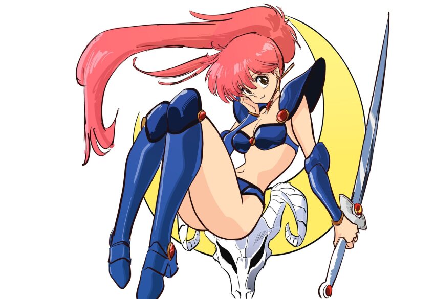 1girl armor asagiri_youko bikini bikini_armor blue_bikini boots breasts brown_eyes full_body genmu_senki_leda highres holding holding_sword holding_weapon knee_boots long_hair looking_at_viewer pauldrons pink_hair ponytail reverse_grip shoulder_armor sketch small_breasts smile solo sushio swimsuit sword vambraces weapon