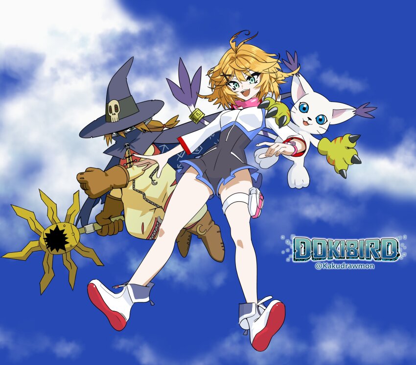 1girl absurdres ahoge animal aqua_eyes black_romper blonde_hair boots brand_name_imitation breasts brown_jumpsuit cape character_name cloud cosplay digimon digimon_world_-next_0rder- dokibird_(vtuber) dokibird_(vtuber)_(bounty_hunter) full_body gloves hair_ornament hairclip hat highres holding holding_staff indie_virtual_youtuber jumpsuit kakudrawmon long_sleeves medium_hair open_mouth pouch shiki_(digimon_world_-next_0rder-) shoes sky small_breasts smile staff tailmon thigh_pouch twitter_username two-tone_romper virtual_youtuber white_footwear white_romper wizard_hat wizarmon