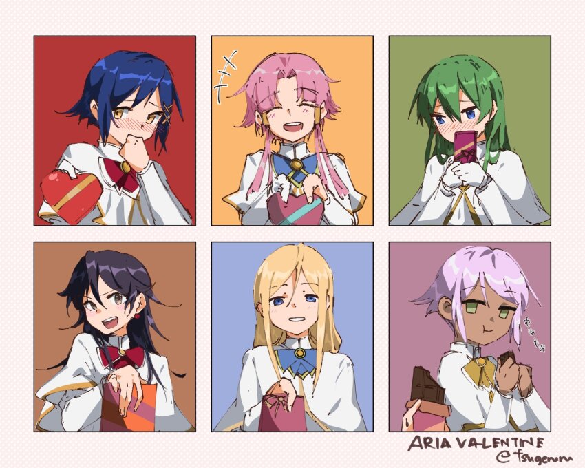 6+girls aika_granzchesta akira_ferrari alice_carroll alicia_florence aria_(manga) aria_company_uniform artist_name athena_glory black_hair blonde_hair blue_bow blue_bowtie blue_eyes blush bow bowtie box brown_eyes candy capelet chocolate chocolate_bar commentary covering_own_mouth eating embarrassed food gloves gold_trim green_eyes green_hair hair_between_eyes hair_ornament hand_up hands_up heart-shaped_box highres himeya_company_uniform holding long_hair long_sleeves medium_hair mizunashi_akari multiple_girls open_mouth orange_planet_uniform own_hands_together parted_bangs patterned_background pink_background pink_hair purple_hair red_bow red_bowtie short_hair short_hair_with_long_locks single_glove sound_effects teeth tsugeru twitter_username upper_body upper_teeth_only valentine white_capelet white_gloves x_hair_ornament yellow_bow yellow_bowtie
