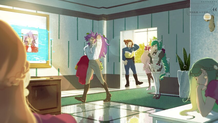 1boy 5girls apron blonde_hair boots brown_boots brown_hair character_request commentary_request gen_2_pokemon green_hair headdress highres hot_gay_241 indoors jacinthe_(pokemon) jacket korean_commentary lebanne_(pokemon) leon_(pokemon) long_hair multiple_girls nintendo pants pink_hair pokemon pokemon_legends:_z-a pokemon_swsh police_officer_(pokemon) puffy_sleeves purple_hair purple_shirt reflective_floor shirt shoes short_sleeves spinarak standing thighhighs unworn_jacket watermark white_apron white_shirt white_thighhighs