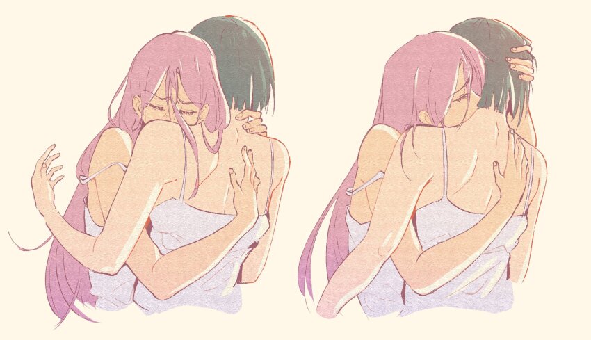 2girls alien_stage black_hair closed_eyes commentary dreamsyndd dress english_commentary highres hug kiss kissing_neck long_hair mizi_(alien_stage) multiple_girls pink_hair short_hair sleeveless sleeveless_dress strap_slip sua_(alien_stage) white_dress yuri