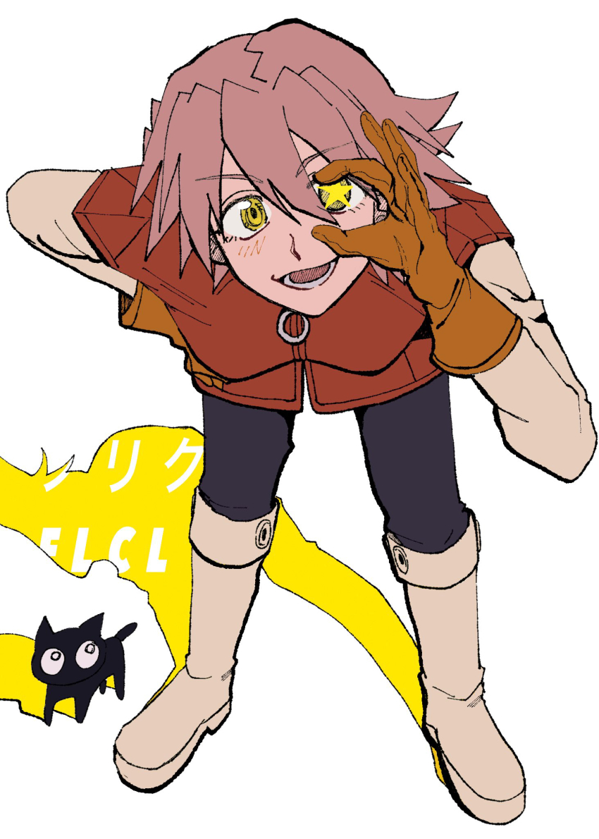 1girl asahi_sou blush boots breasts brown_gloves cat copyright_name flcl full_body gainax gloves haruhara_haruko highres latex latex_pants looking_at_viewer medium_breasts pink_hair red_shirt shadow shirt short_hair smile solo takkun_(flcl) white_background white_boots white_sleeves yellow_eyes