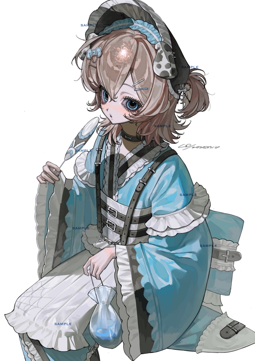 1girl absurdres animal_ears apron black_collar blue_bow blue_eyes blue_kimono bonnet bow brown_hair chest_harness collar commission dalmatian_print dated dog_ears frilled_kimono frills hair_between_eyes hair_bow hair_ornament hairclip hand_fan harness highres holding holding_fan japanese_clothes kimono lolita_fashion long_sleeves looking_at_viewer original paper_fan qing_cheng_dj_ru_naono_xinxian_lin_duan sample_watermark short_hair simple_background sitting solo two_side_up uchiwa waist_apron watermark white_apron white_background wide_sleeves