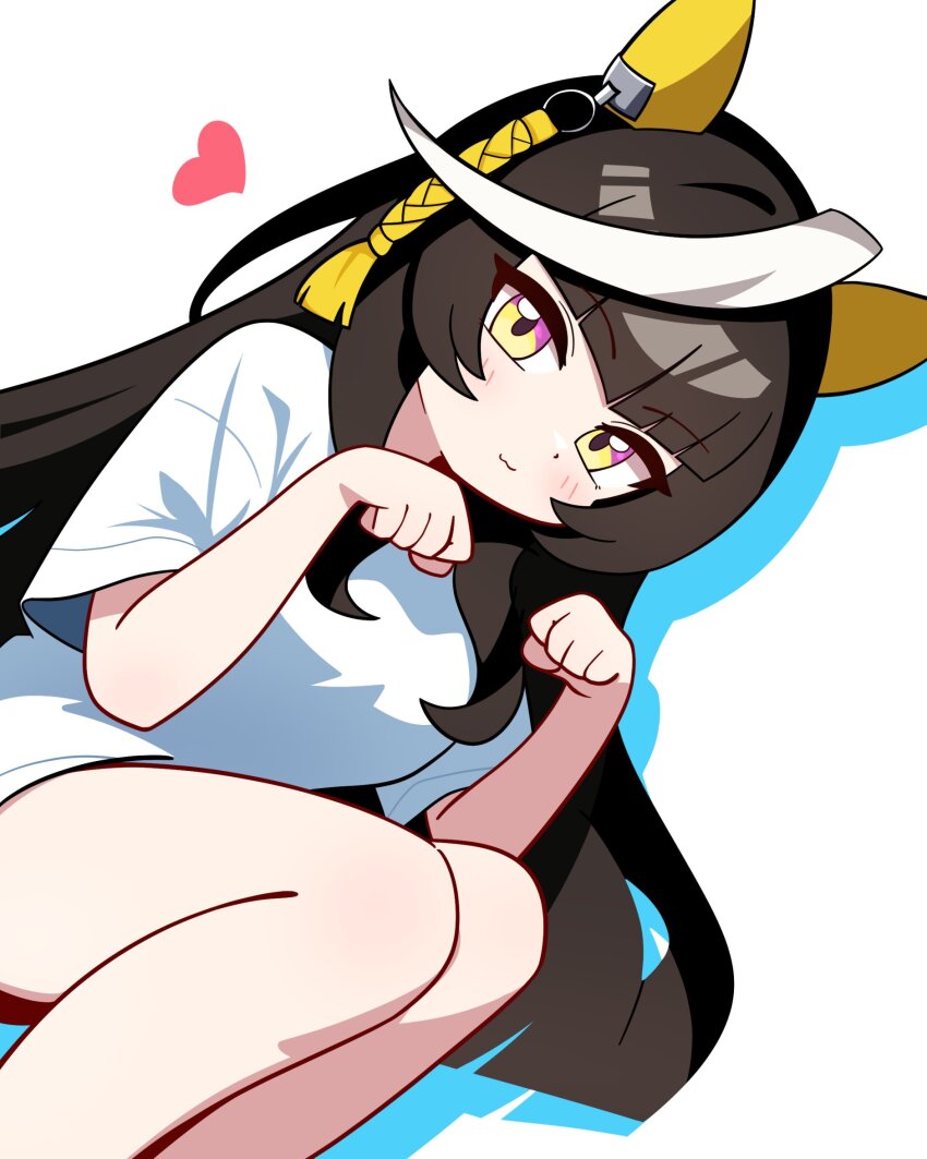 1girl :3 animal_ears blush breasts brown_hair calstone_light_o_(umamusume) closed_mouth drop_shadow ear_covers feet_out_of_frame heart highres horse_ears jorang_(jorang08) long_hair looking_at_viewer multicolored_hair shirt short_sleeves small_breasts smile solo streaked_hair umamusume very_long_hair white_shirt yellow_eyes