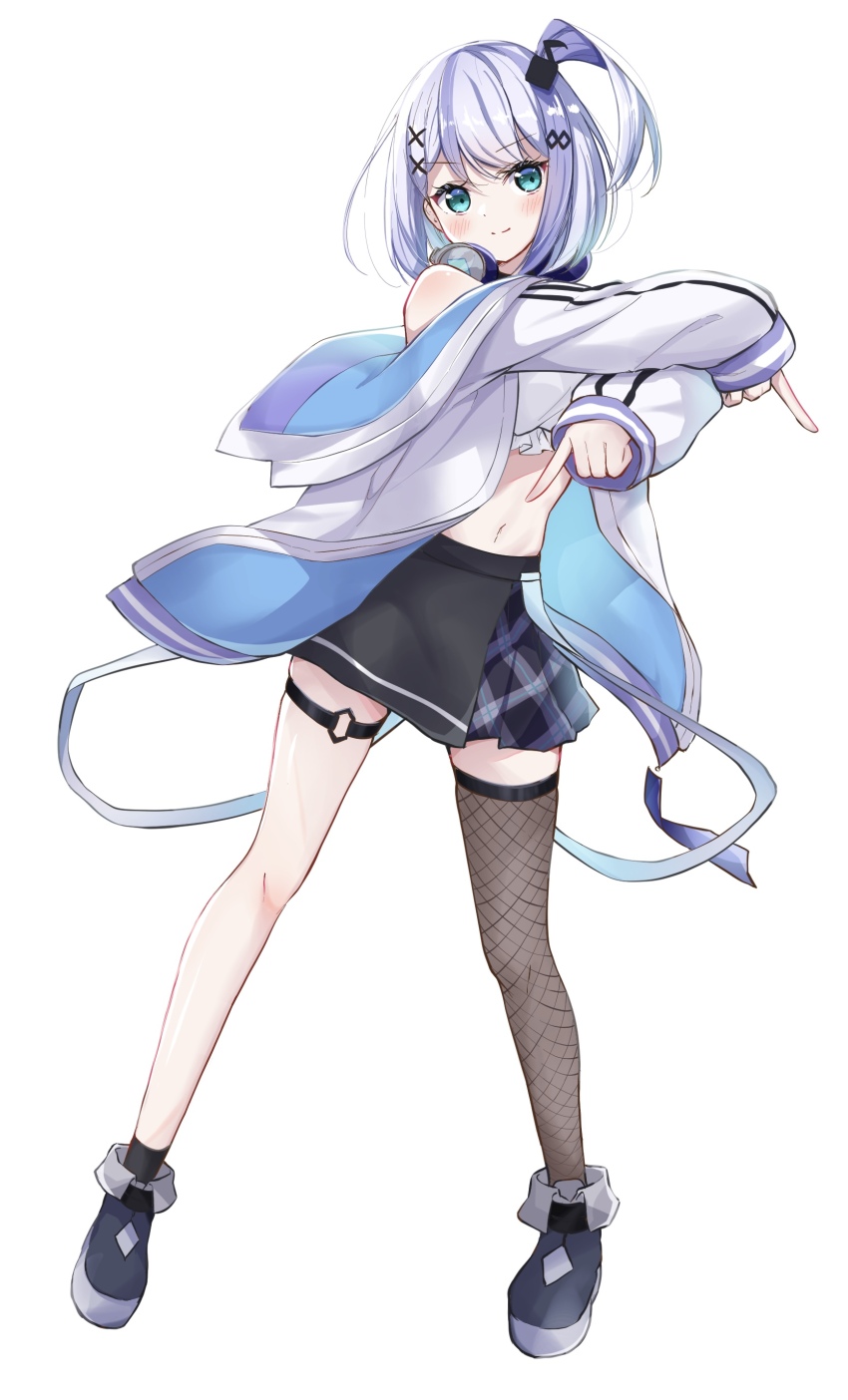 1girl absurdres aqua_eyes arms_up bandeau black_shoes black_skirt black_thighhighs blue_jacket closed_mouth commentary eighth_note fishnet_thighhighs fishnets fortissimo frilled_bandeau full_body grey_hair hair_ornament headphones headphones_around_neck highres jacket kiryu_(sora_no_iroto) long_sleeves medium_hair midriff million_production miniskirt multicolored_hair musical_note musical_note_hair_ornament navel nonono_nono off_shoulder one_side_up open_clothes open_jacket pleated_skirt purple_hair shoes simple_background single_thighhigh skirt sleeves_past_wrists smile solo split_mouth streaked_hair thighhighs two-sided_fabric two-sided_jacket v-shaped_eyebrows virtual_youtuber white_background white_bandeau white_jacket x_hair_ornament