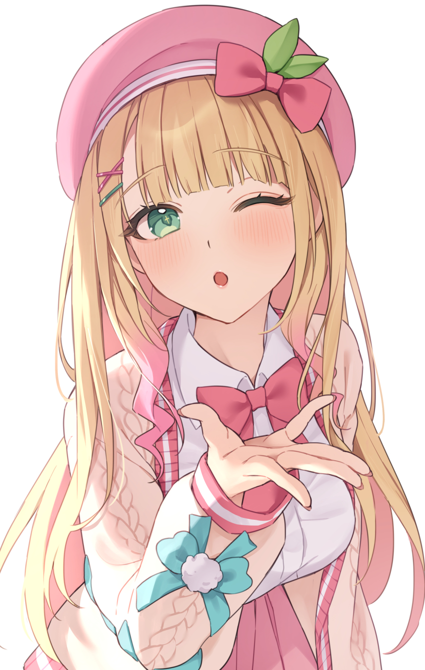 1girl :o beret blonde_hair blush bow breasts cardigan commentary cross_in_eye green_eyes hair_ornament hand_up hat highres ikoi_momoa long_hair long_sleeves looking_at_viewer one_eye_closed open_cardigan open_clothes open_mouth pink_bow pink_hat pink_skirt propro_production shirt simple_background skirt solo teti upper_body virtual_youtuber white_background white_shirt x_hair_ornament yellow_cardigan