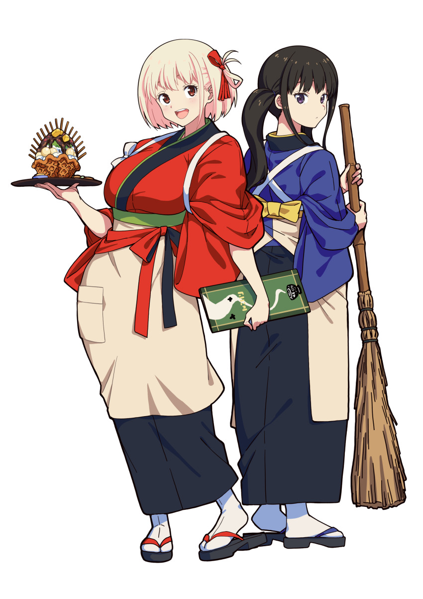 2girls absurdres black_hair blonde_hair blue_kimono bob_cut breasts broom closed_mouth commentary food full_body hair_ribbon highres holding holding_broom holding_menu holding_tray inoue_takina japanese_clothes kimono large_breasts long_hair lycoris_recoil menu multiple_girls nishikigi_chisato one_side_up open_mouth parfait purple_eyes red_kimono red_ribbon ribbon short_hair sidelocks simple_background three-quarter_sleeves socks somasoutaro tasuki teeth tray twintails upper_teeth_only white_background white_socks
