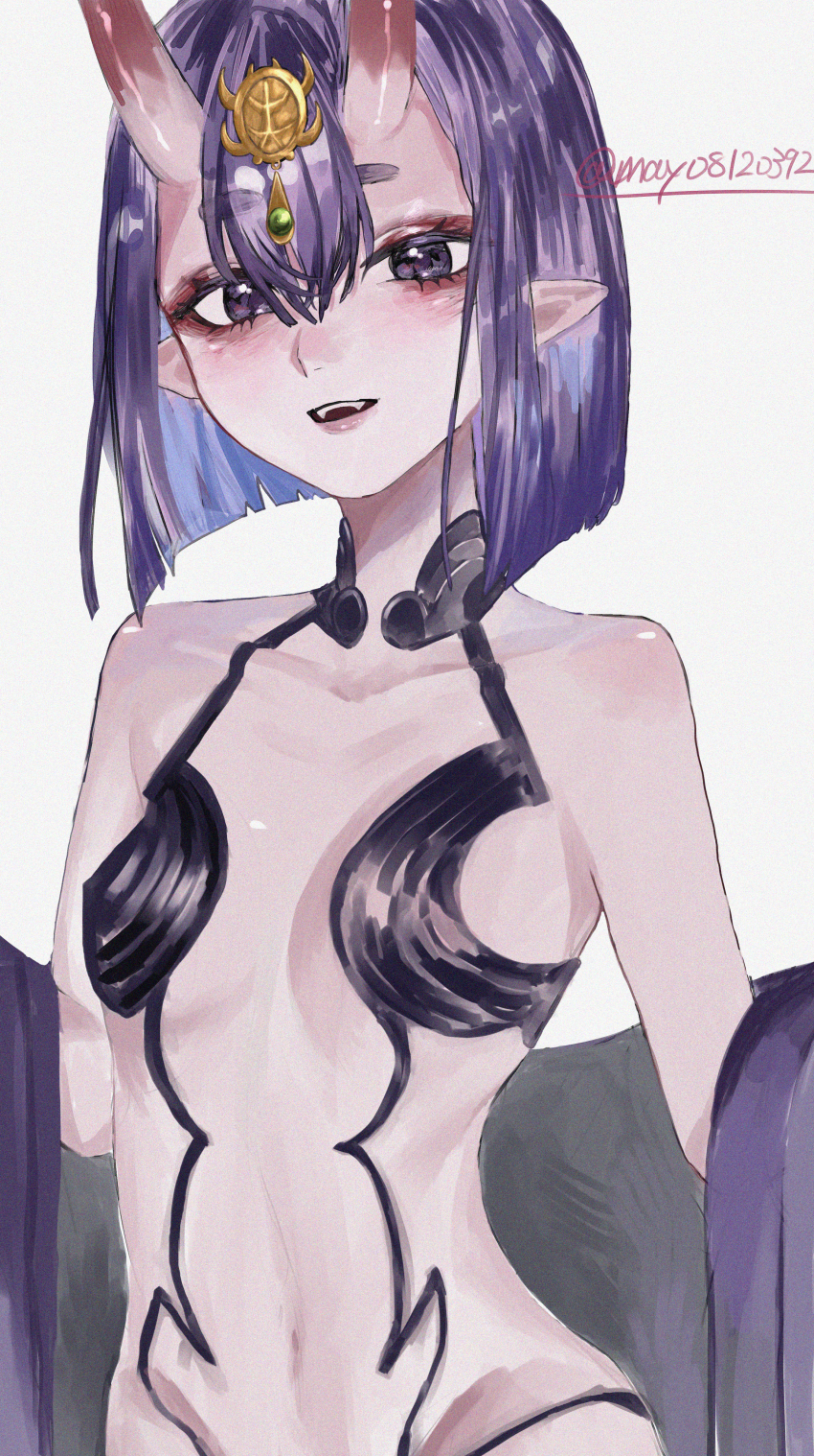 1girl absurdres bare_shoulders blush breasts eyeliner fate/grand_order fate_(series) headpiece highres horns japanese_clothes kimono long_sleeves looking_at_viewer makeup navel oni open_mouth pointy_ears purple_eyes purple_hair purple_kimono revealing_clothes shuten_douji_(fate) skeymd skin-covered_horns small_breasts solo