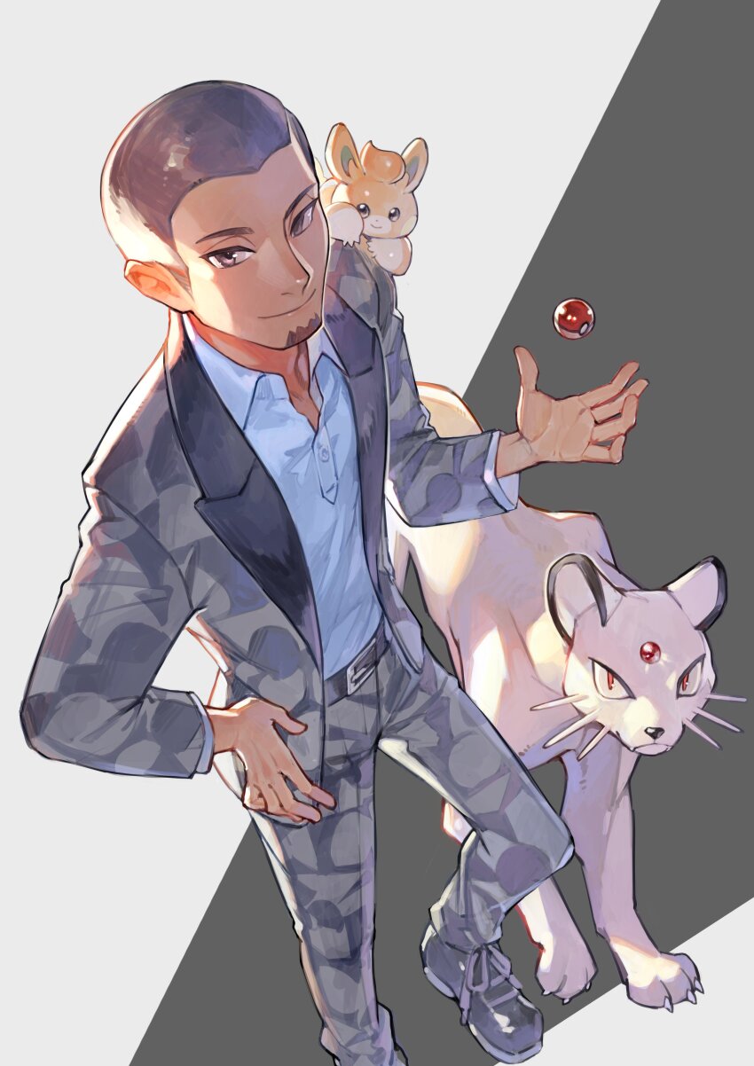 1boy absurdres belt black_hair buzz_cut collared_shirt facial_hair gen_1_pokemon goatee highres jacket looking_at_viewer male_focus nintendo on_shoulder pants pawmi persian poke_ball poke_ball_(basic) pokemon pokemon_(creature) pokemon_on_shoulder pokemon_sv salvatore_(pokemon) shirt short_hair smile tapioka_chaso very_short_hair
