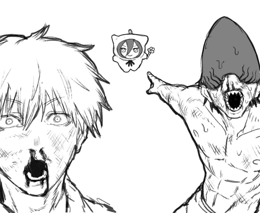 1girl 2boys abs absurdres beam_(chainsaw_man) blood chainsaw_man chibi commentary_request denji_(chainsaw_man) facing_viewer flower greyscale highres holding holding_flower looking_at_viewer meme monochrome multiple_boys nosebleed otataru0806 pointing pointing_at_another reze_(chainsaw_man) shark_boy shark_head sharp_teeth teeth two_soyjaks_pointing_(meme)