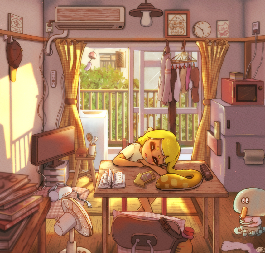 1girl absurdres air_conditioner analog_clock baseball_cap black_headwear blonde_hair blunt_bangs book book_stack bottle box building cable cellphone chair clock closed_eyes clothes_hanger commentary_request controller cup curtains cushion day door drawer drawing drooling electric_fan electrical_outlet eyebrow_cut flat_screen_tv food hair_brush hanging_light hat highres holding holding_food holding_popsicle indoors inkling inkling_girl inkling_player_character jellyfish_(splatoon) judd_(splatoon) light_bulb light_particles long_hair long_sleeves microwave moromi_(kscd4482) nintendo open_book open_mouth paper_towel paper_towel_holder phone picture_frame pillow pointy_ears popsicle railing refrigerator remote_control shadow shirt short_eyebrows short_sleeves sidelocks sleeping sleeping_upright slice_of_life sliding_doors smartphone socks splatoon_(series) stool sunlight t-shirt table tatami television tentacle_hair tree white_shirt wind_chime wooden_table
