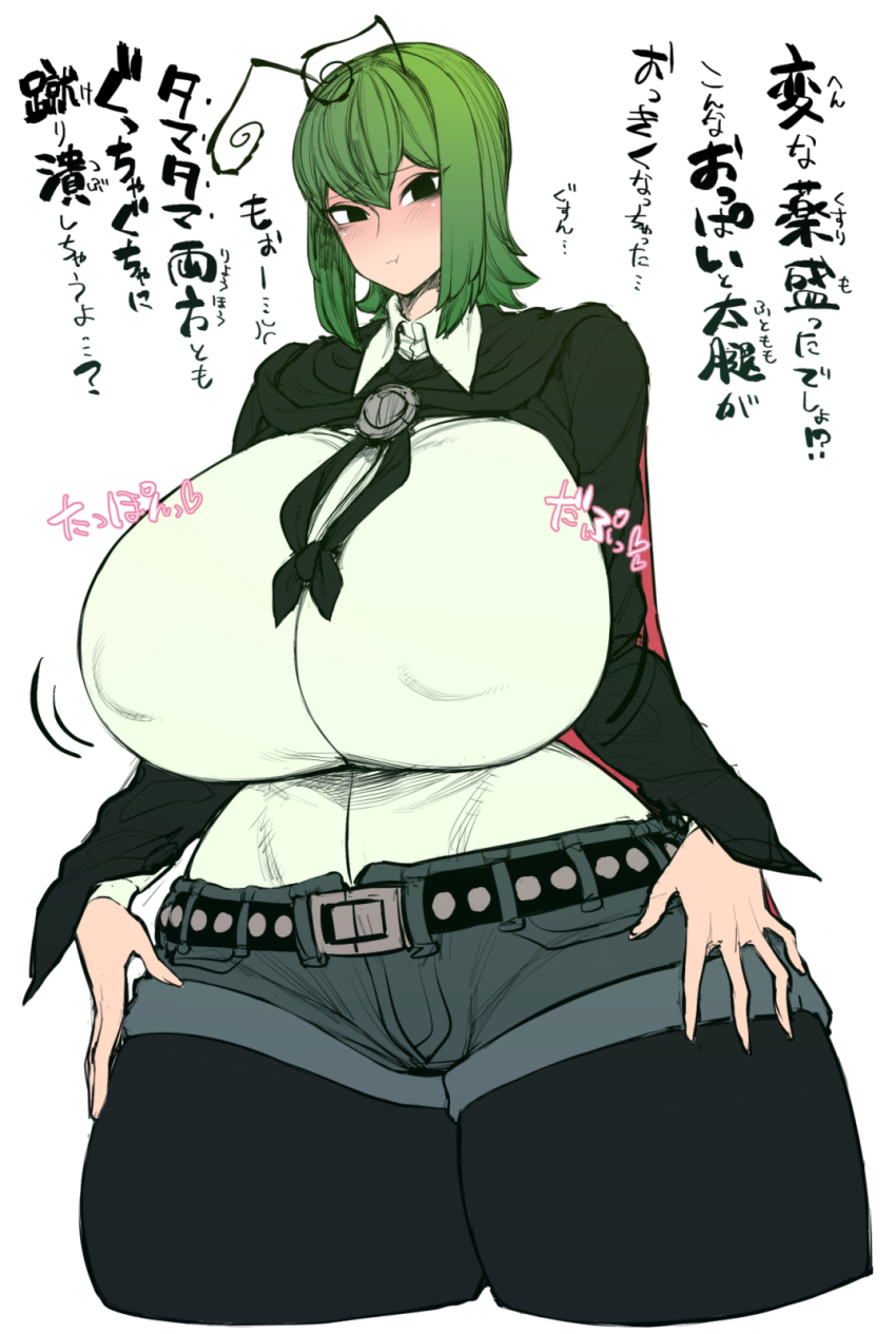 1girl alternate_body_size alternate_costume antennae belt black_belt black_leggings breasts cape covered_erect_nipples curvy denim denim_shorts gigantic_breasts green_hair hands_on_own_thighs highres leggings long_sleeves motion_lines pout puffy_cheeks shirt shorts sidelocks solid_circle_pupils solo spacezin studded_belt thick_thighs thighs touhou translation_request white_shirt wide_hips wing_collar wriggle_nightbug