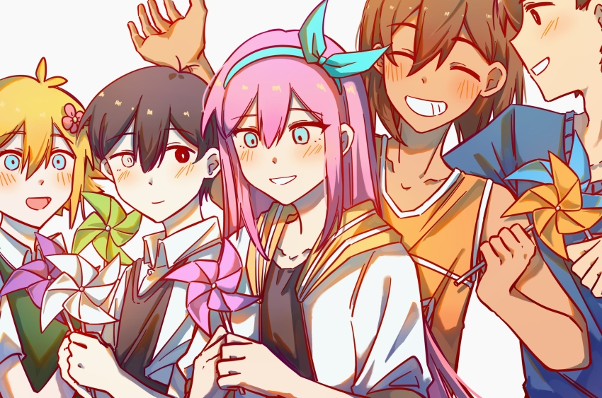 1girl 4boys :d ^_^ antenna_hair aubrey_(faraway)_(omori) aubrey_(omori) bailan1130 bare_arms bare_shoulders basil_(faraway)_(omori) basil_(omori) black_eyes black_hair black_shirt black_sweater_vest blue_eyes blue_hairband blue_sweater blush bow_hairband brother_and_sister brothers brown_hair closed_eyes closed_mouth collarbone colored_skin dark-skinned_male dark_skin double-parted_bangs green_sweater_vest grin hair_behind_ear hair_between_eyes hairband hands_up hero_(faraway)_(omori) hero_(omori) heterochromia highres holding holding_pinwheel jacket kel_(faraway)_(omori) kel_(omori) long_hair looking_at_object multiple_boys omori open_clothes open_jacket open_mouth orange_tank_top pink_hair pinwheel sailor_collar shirt short_sleeves siblings sidelocks sideways_mouth simple_background smile straight_hair sunny_(omori) sweater sweater_vest tank_top tongue upper_body white_background white_eyes white_jacket white_shirt yellow_sailor_collar