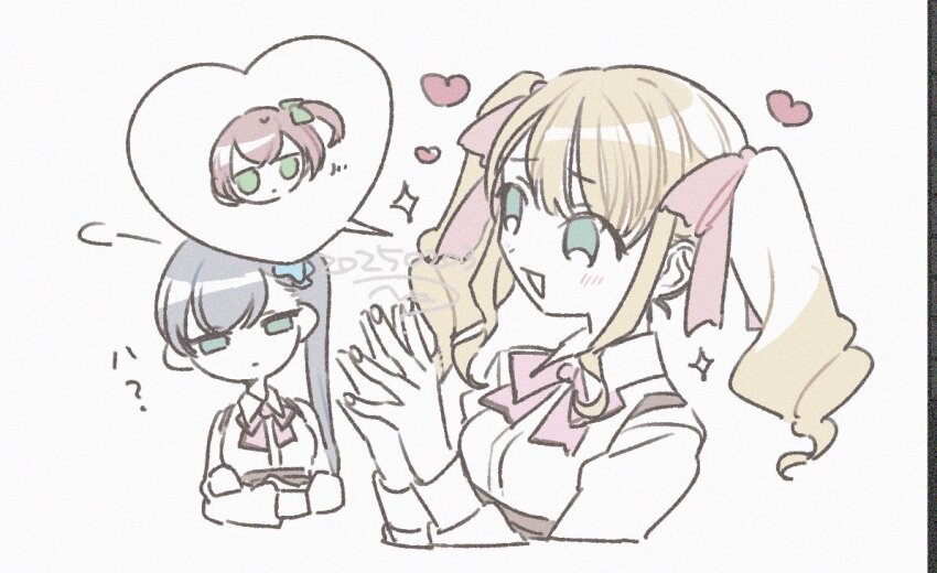 2girls :d amamiya_sophia_seren aqua_eyes artist_name assault_lily blonde_hair blue_bow blush bow bowtie brown_hair closed_mouth commentary cropped_torso crossed_arms dated green_bow green_eyes grey_hair hair_bow half-closed_eyes hands_up heart houjou_monica_asahi long_sleeves looking_ahead looking_at_another ludvico_private_girls&#039;_academy_school_uniform multiple_girls nagi_(namae11x) narumi_clara_yuuko no_pupils one_side_up open_mouth own_hands_together pink_bow pink_bowtie puff_of_air school_uniform short_hair side_ponytail simple_background smile sparkle speech_bubble spoken_character suspenders translated twintails underbust upper_body white_background