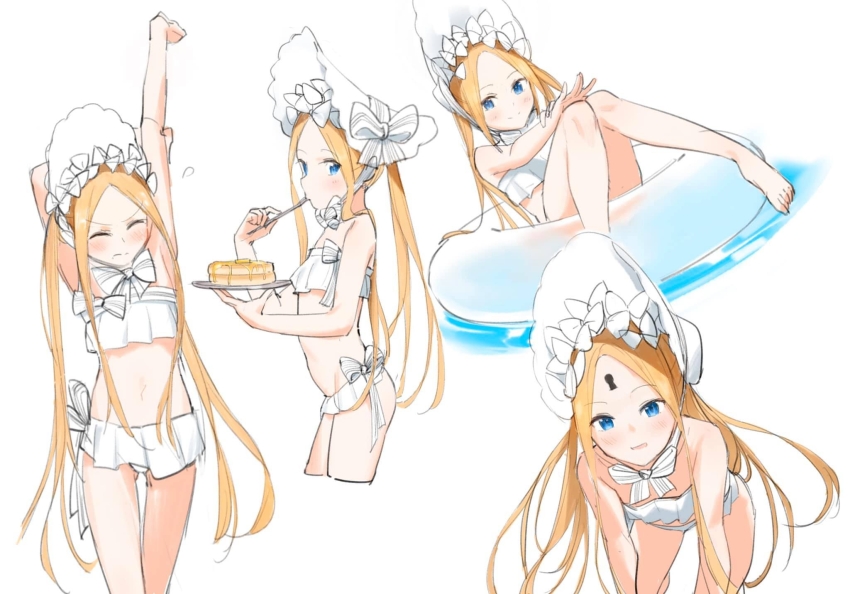1girl abigail_williams_(fate) abigail_williams_(swimsuit_foreigner)_(fate) abigail_williams_(swimsuit_foreigner)_(third_ascension)_(fate) arms_up bikini blonde_hair eating fate/grand_order fate_(series) food forehead highres keyhole long_hair looking_at_viewer pancake pancake_stack s.w swimsuit very_long_hair white_bikini