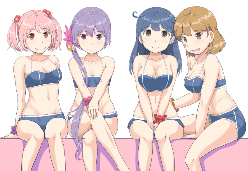4girls ahoge akebono_(kancolle) bandaid bandaid_on_cheek bandaid_on_face bell black_hair breasts_squeezed_together breasts brown_eyes brown_hair cleavage collarbone crossed_legs dolphin_shorts hair_bell hair_ornament highres jingle_bell kantai_collection large_breasts medium_breasts mimofu_(fullhighkick) multiple_girls oboro_(kancolle) open_mouth pink_eyes pink_hair purple_eyes purple_hair sazanami_(kancolle) scrunchie shorts side_ponytail sitting small_breasts smile twintails ushio_(kancolle)