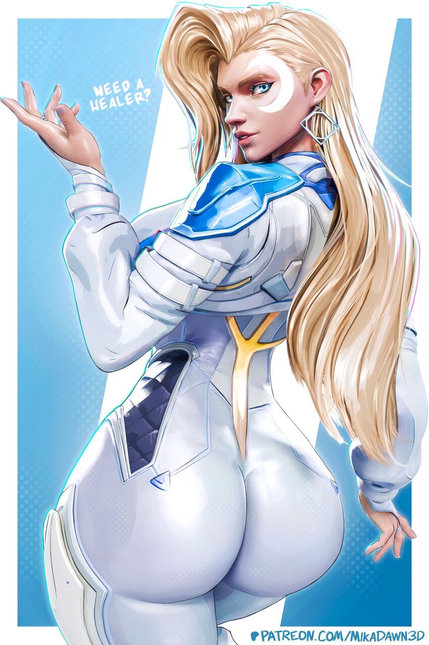 1girl 3d absurdres artist_name ass blonde_hair blue_eyes bodysuit crescent cropped_jacket dagger_(marvel) earrings english_text highres huge_ass jewelry long_hair marvel marvel_rivals mikadawnsfw patreon_logo patreon_username solo watermark web_address white_bodysuit