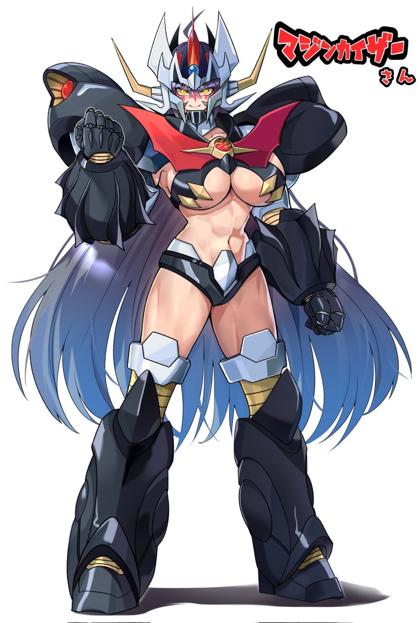 1girl abs collarbone highres humanization long_hair looking_at_viewer mashin mazinger_(series) mazinkaiser mazinkaiser_(robot) mecha mecha_musume navel revealing_clothes robot smile super_robot yamany yellow_eyes