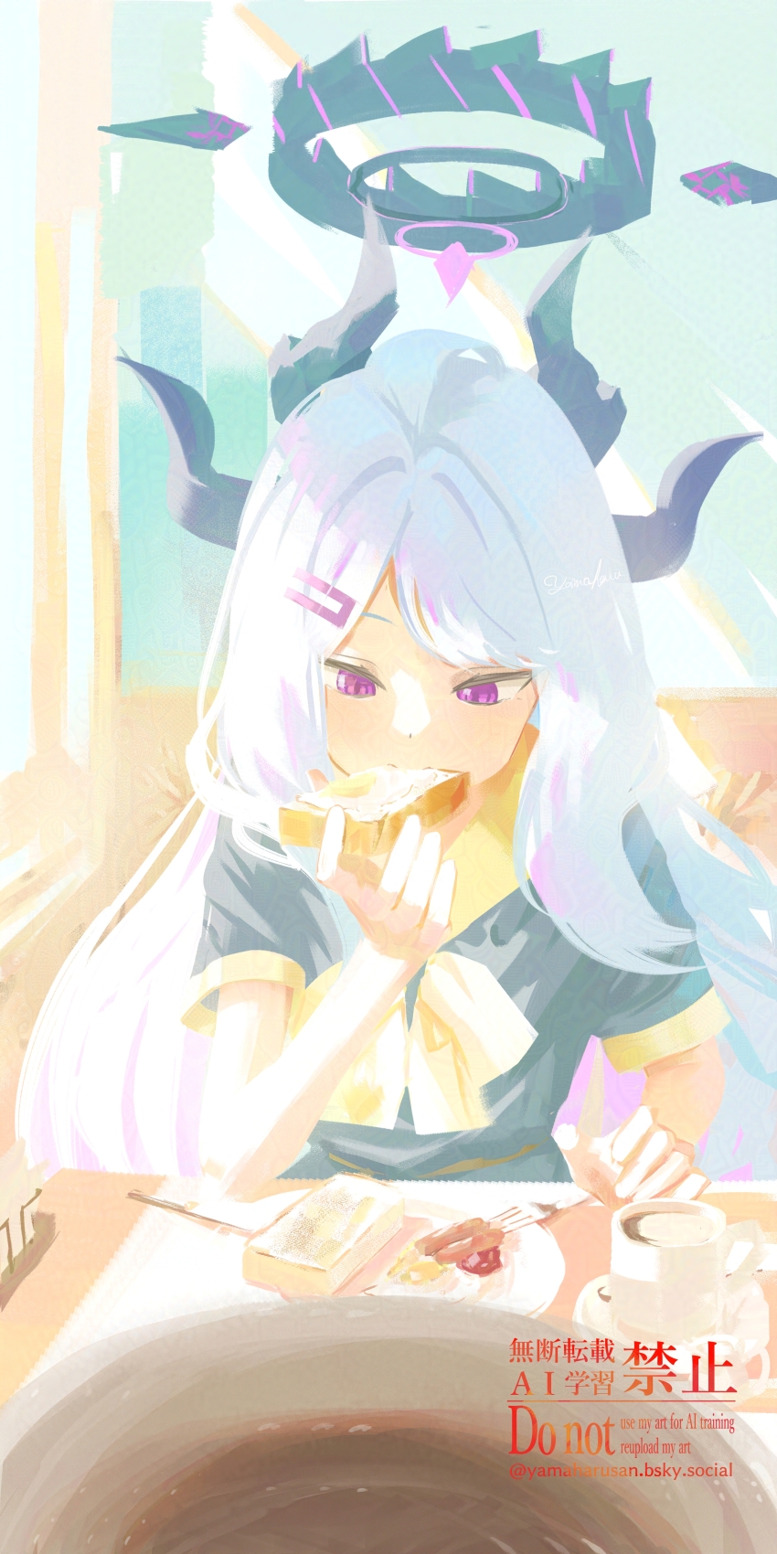 1girl absurdres alternate_costume black_shirt blue_archive blush bread bread_slice demon_girl demon_horns food food_in_mouth hair_ornament hairclip highres hina_(blue_archive) holding holding_food horns long_hair neckerchief parted_bangs purple_eyes shirt sidelocks solo toast upper_body white_hair yamaharu_(xxzf7284) yellow_collar yellow_neckerchief