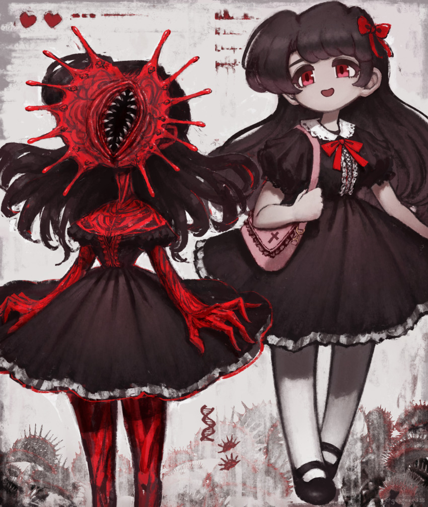 1girl absurdres bag before_and_after bow bowtie brown_dress brown_hair carnivorous_plant center_frills collar collared_dress colored_skin dress eldritch_abomination fangs frills gestart333 goth_fashion gothic_lolita handbag heart highres horror_(theme) lolita_fashion mary_janes medium_dress monster multiple_views original pantyhose pink_bag puffy_short_sleeves puffy_sleeves red_bow red_bowtie red_ribbon red_skin ribbon shoes short_sleeves smile thighhighs white_collar white_thighhighs
