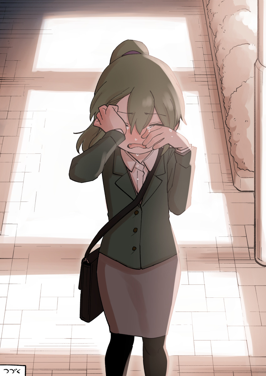 1girl bag blush closed_eyes coat crying green_hair handbag highres igarashi_futaba medium_hair office_lady open_mouth overcoat ponytail senpai_ga_uzai_kouhai_no_hanashi shiromanta tears wiping_tears
