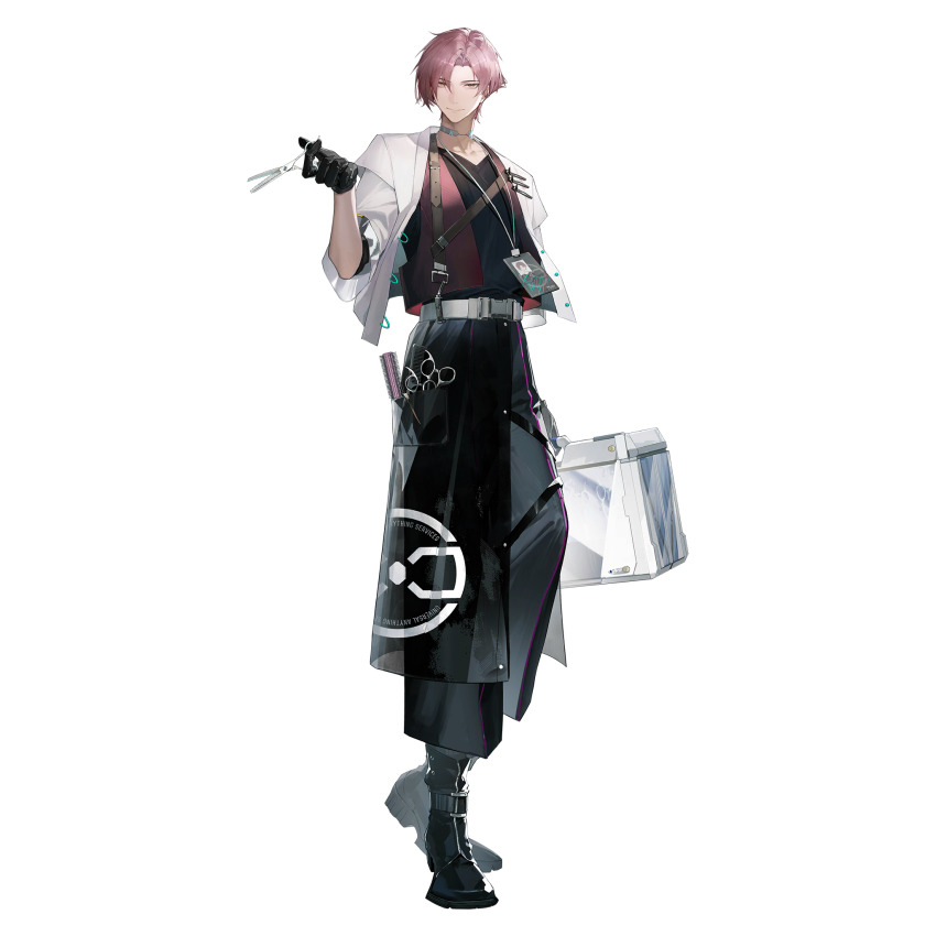 1boy apron barber black_apron black_boots black_gloves black_pants black_shirt boots briefcase damingshimingyan full_body game_cg girls&#039;_frontline girls&#039;_frontline_neural_cloud gloves hair_curl highres holding holding_briefcase jacket lanyard looking_at_viewer official_art pants pink_hair red_vest scissors shirt solo standing third-party_source tony_(neural_cloud) transparent_background vest white_jacket
