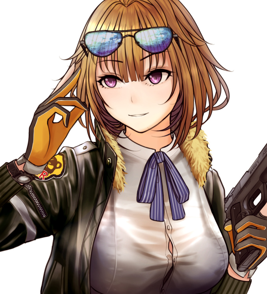 1girl bad_id bad_pixiv_id blonde_hair blue-tinted_eyewear bra commentary english_commentary eyewear_on_head female_focus fur_trim girls&#039;_frontline gloves green_jacket grizzly_mkv_(girls&#039;_frontline) gun hand_up highres holding holding_gun holding_weapon jacket l.a.r._manufacturing lar_grizzly_win_mag long_sleeves neck_ribbon open_clothes open_jacket orange_gloves partially_fingerless_gloves purple_eyes purple_ribbon ribbon see-through_clothes shirt short_hair simple_background smile solo sunglasses sunglasses_on_head tinted_eyewear turisasu underwear upper_body weapon white_background white_shirt
