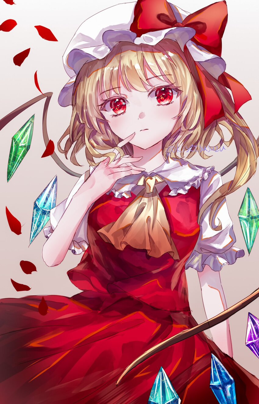 1girl ascot blonde_hair cowboy_shot flandre_day flandre_scarlet gradient_background hat highres mob_cap petals red_eyes red_shirt red_skirt shirt side_ponytail skirt solo suzushina touhou vampire white_hat wings yellow_ascot