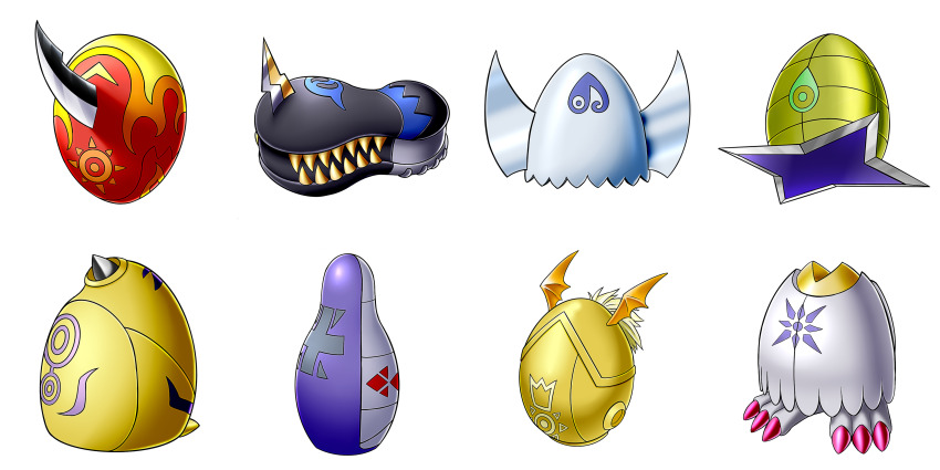 absurdres claws crests_(digimon) digimental digimental_of_courage digimental_of_friendship digimental_of_hope digimental_of_knowledge digimental_of_light digimental_of_love digimental_of_purity digimental_of_sincerity digimon digimon_adventure_02 highres horns no_humans shuriken weapon wings
