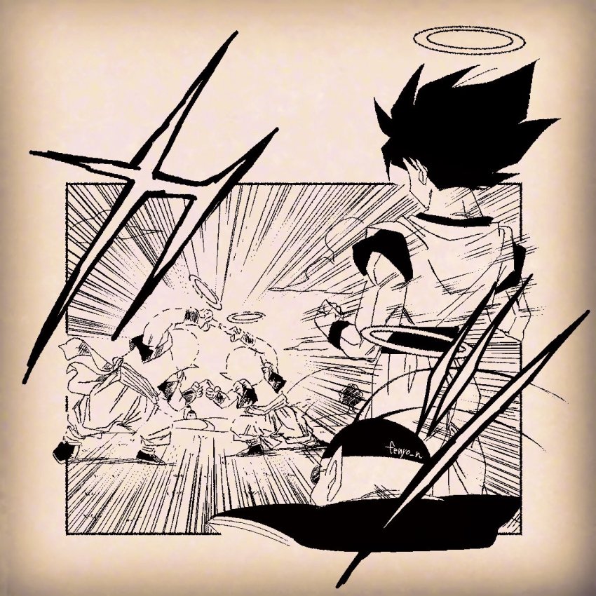 2boys 2others antennae bald belt border building clenched_hand cloud commentary_request dougi dragon_ball dragonball_z emphasis_lines faceless facing_away fenyon from_behind fusion_dance glasses hair_blowing halo martial_arts_belt metamoran_vest monochrome multiple_boys multiple_others north_kaiou outside_border pants pointy_ears shirt shoes signature son_goku sunglasses tree wristband