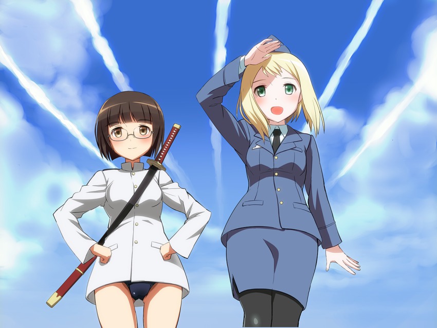 2girls alternate_costume black_legwear blonde_hair blush brown_eyes brown_hair cloud contrail cowboy_shot day elma_leivonen formal_clothes garrison_cap glasses green_eyes hand_on_own_head hands_on_own_hips hat jacket kaneko_(novram58) katana multiple_girls necktie no_pants pantyhose pencil_skirt sakomizu_haruka short_hair skirt skirt_suit sky smile strike_witches strike_witches:_suomus_misfits_squadron suit swimsuit swimsuit_under_clothes sword sword_on_back weapon weapon_on_back world_witches_series